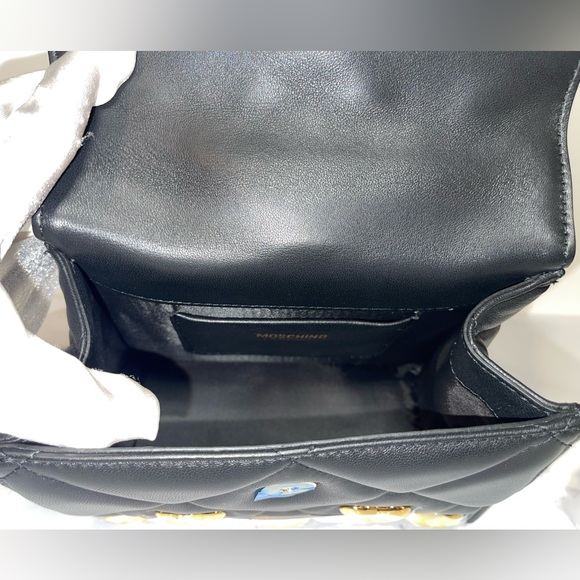 NWT MOSCHINO HEART STUDS QUILTED LEATHER SHOULDER BAG BLACK - Picture 12 of 15